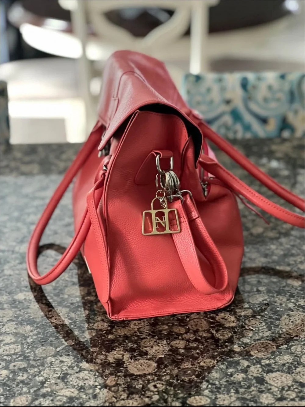 Structured Coral Leather Baby Bag with Silver Turn-Lock